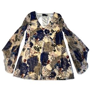 Line & Dot Floral Mini Dress - Blue and Cream